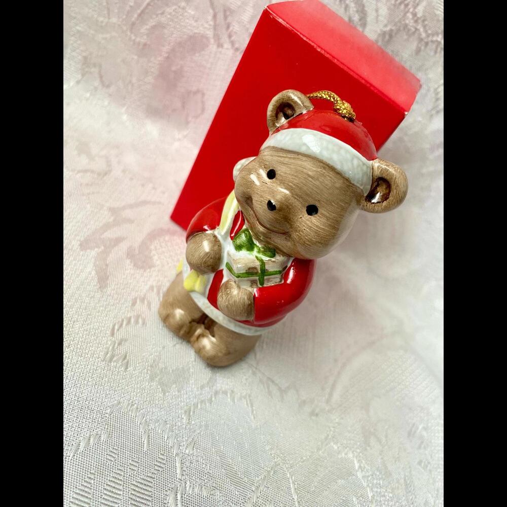 Vintage The Christmas Ornament Collectors Handpainted Santa Bear Bell w/ Box